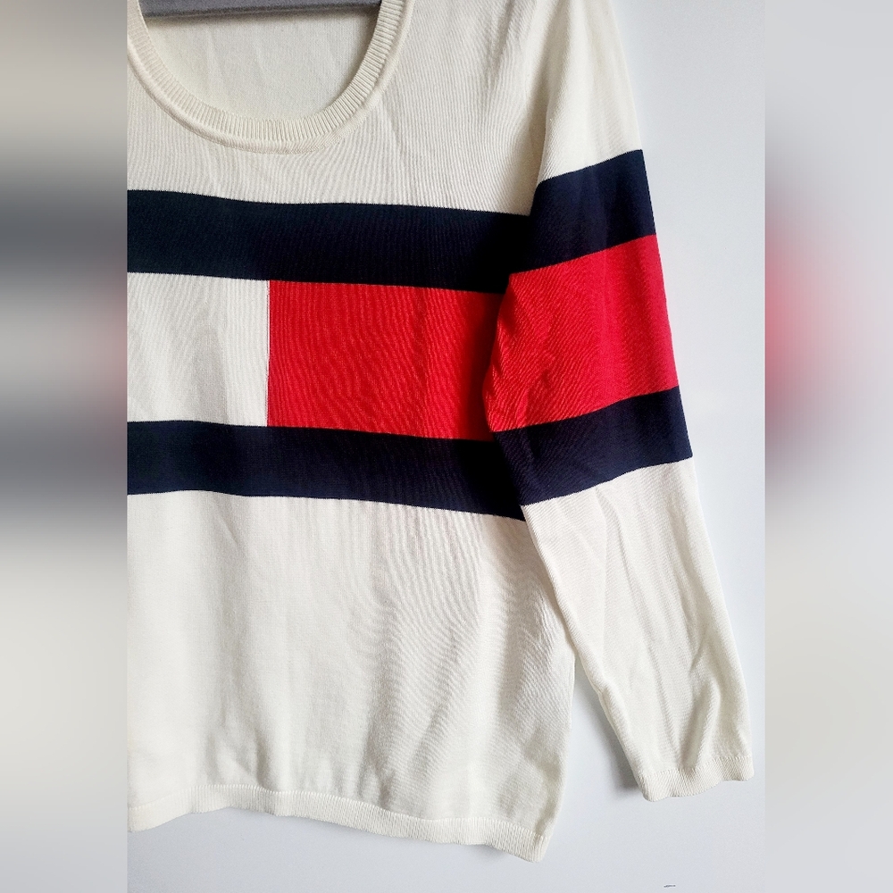 Tommy Hilfiger 100% Cotton Women's Colorblock Knit Sweater White/Red/Blue Medium - Picture 11 of 16